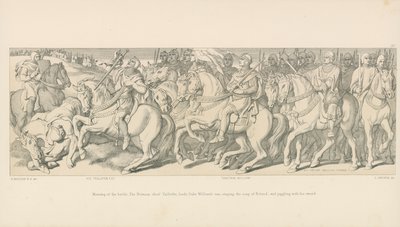 戦いの朝。ノーマンチーフテイラーファー、ウィリアム公爵のヴァンを率いてローランドの歌を歌い、剣でジャグリングする 作： ダニエル・マクリース